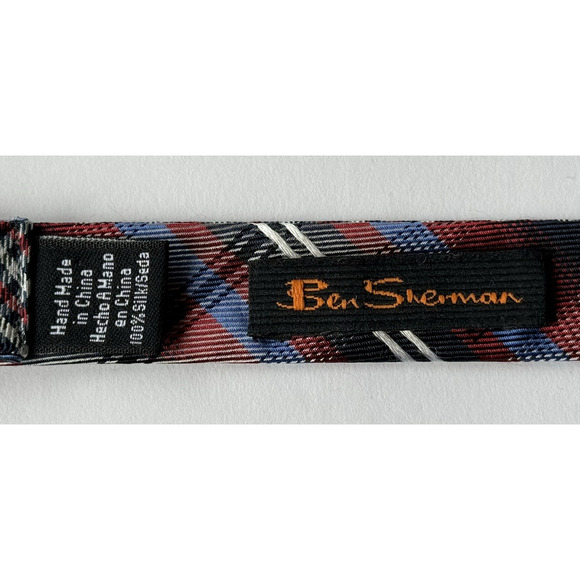 Ben Sherman Men's Silk Bow Tie Adjustable Navy Blue Red & White 2-Sided Plaid - Picture 3 of 7